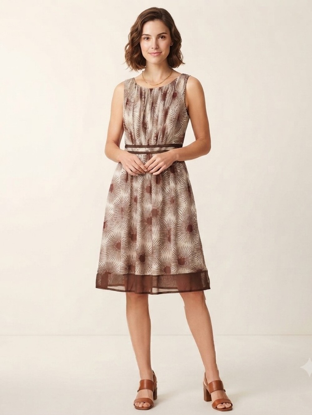 Carmen Marc Valvo 100% Silk Brown and Cream Patterned Dress Size 10 NWT